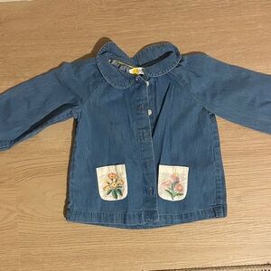 Baby Boden Blue Button Down Shirt with Floral Pockets